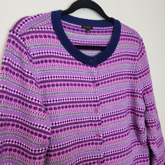 TALBOTS Purple Pink Fair Isle Wool Blend Button Down Cardigan Sweater Sz Large - Picture 2 of 9